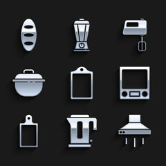 Sticker - Set Cutting board, Electric kettle, Kitchen extractor fan, Electronic scales, Cooking pot, mixer and Bread loaf icon. Vector