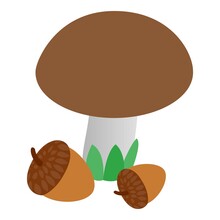 Autumn Symbol Icon Isometric Vector. Big Brown Mushroom And Pair Of Ripe Acorn. Autumn Harvest, Gifts Of The Forest