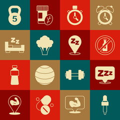 Wall Mural - Set Pipette with oil, Sleepy, No alcohol, Stopwatch, Broccoli, Time sleep, Weight and icon. Vector