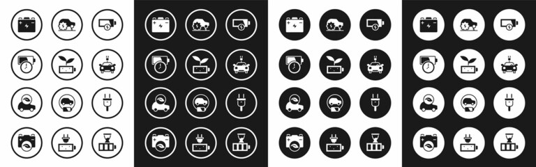 Sticker - Set Low battery, Eco nature leaf, Battery charge, Car, Electric car, service, plug and icon. Vector