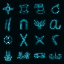 Ninja Set Icons In Neon Style Isolated On A Black Background