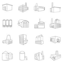Wall Mural - Industrial building plants and factories icons set in outline style isolated on white background