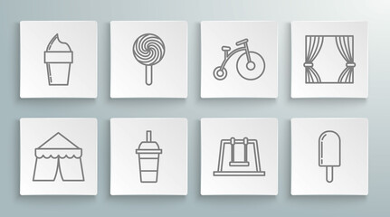 Wall Mural - Set line Circus tent, Lollipop, Paper glass with drinking straw and water, Swing, Ice cream, Vintage bicycle one big wheel one small, Curtain and waffle cone icon. Vector