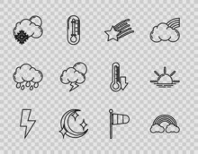 Set Line Lightning Bolt, Rainbow With Clouds, Falling Star, Moon And Stars, Cloud Snow Sun, Storm, Cone Meteorology Windsock Wind Vane And Sunrise Icon. Vector
