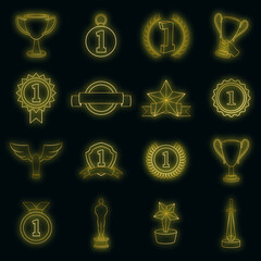 Wall Mural - Trophy award icons set in neon style. Sports achievements set collection vector illustration