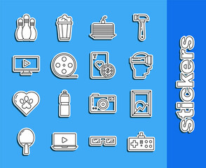 Sticker - Set line Gamepad, Picture landscape, Virtual reality glasses, Cake, Film reel, Online play video, Bowling pin and Casino chip playing cards icon. Vector