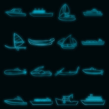 Ship And Boat Icons Set In Neon Style. Marine And River Vessels Set Collection Vector Illustration