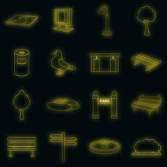 Wall Mural - Park icons set. Illustration of 16 park vector icons neon color on black