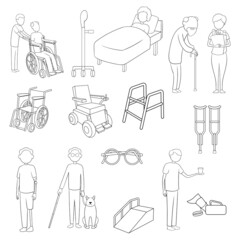 Sticker - Disability people care set icons in outline style isolated on white background