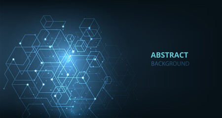  Geometric shape and connection with 3d cubes on dark blue background.Vector graphics. 