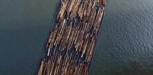 Logs Pulled By A Tugboat On Fraser River. Aerial View From Port Mann Bridge In Greater Vancouver, British Columbia, Canada.