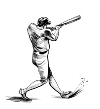 Baseball Player With A Bat. Ink Black And White Drawing