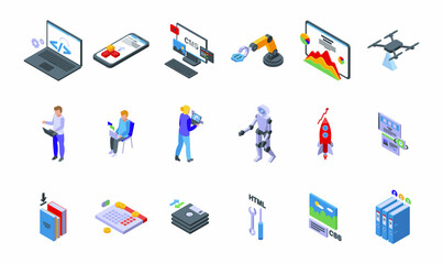 Cms development icons set isometric vector. Data code. Work application