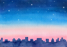 都会の夜明けの空　水彩イラスト