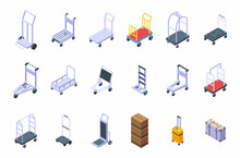 Luggage Trolley Icons Set Isometric Vector. Business Bag. Carriage Suitcase