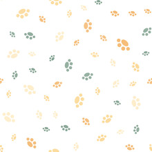 Seamless Pattern With Paws. Abstract Pattern With Blue, Brown And Beige Paws. Random, Chaotic Background With Cute Paws.