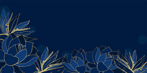 Golden lotus and tropical flowers line arts on blue background. Luxury wallpaper design for prints, banner, poster, cover, digital art vector illustration.