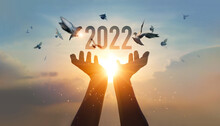 .Hands Holding Of New Year 2022 Silhouette With Flying Of Free Bird Enjoying Nature On Sunset Background, Happy New Year Concept.