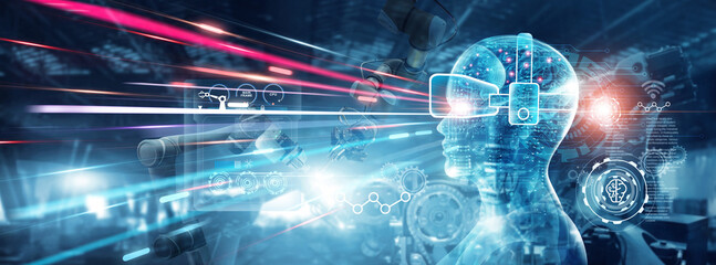 Fototapete - Metaverse of AI. Artificial intelligence data analysis technology and control automation robot arms machine with monitoring software. Digital manufacturing and industrial technology of futuristic