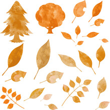秋　冬　木　森　枯れ葉　枯れ木　水彩　手描き　イラスト素材セット