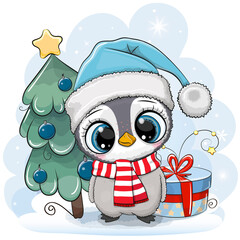 Sticker - Cute Cartoon Penguin in a hat with gift