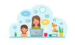 © Alina - Woman working from home with kid in cozy modern interior.Home office concept. Flat style.