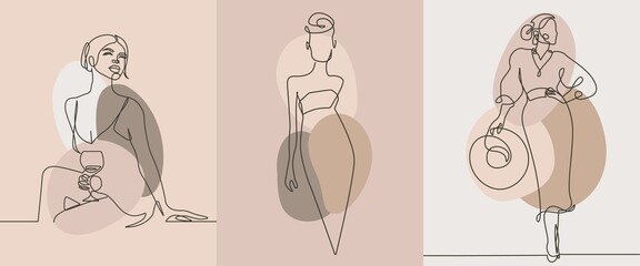 Wall Mural - Set of Abstract Minimalist Elegant Female Figure. Vector Fashion Modern Ilustration of Female Silhouette in a Trendy Linear Style. Elegant Art Design for Wall Decor, Posters, Prints, Social Media. 