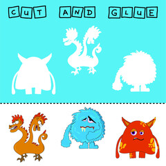 Wall Mural - Vector illustration of mead monsters lacking the desired element. paper game for the development of preschoolers. Cut out parts of the image and glue on the cute heroes. A fun game for kids and kids