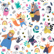 Seamless childish pattern with cartoon fox, bear, racoon, bunny, squirrel and garden elements. Creative kids texture for fabric, wrapping, textile, wallpaper, apparel. Vector illustration