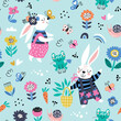 Seamless childish pattern with cartoon rabbit with flowers. Creative kids texture for fabric, wrapping, textile, wallpaper, apparel. Vector illustration