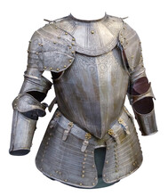 Medieval Knight Suit Of Armor Protection Isolated On White Background With Clipping Path. Ancient Steel Metal Armour