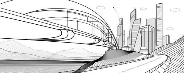 City infrastructure industrial and cityscape illustration. Bridge over river. Automobile road in mountains. Black outlines on white background. Vector design art