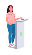 Woman at quiz show semi flat color vector character. Standing figure. Full body person on white. Debate event isolated modern cartoon style illustration for graphic design and animation