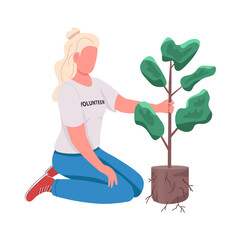 Volunteer with greenery semi flat color vector character. Sitting figure. Full body person on white. Environment isolated modern cartoon style illustration for graphic design and animation