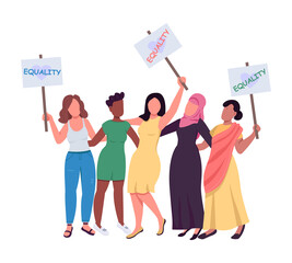 Wall Mural - Women with equality message placards semi flat color vector characters. Active figures. Full body people on white. Feminism isolated modern cartoon style illustration for graphic design and animation