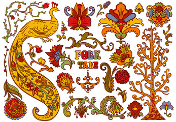 Folk tale ornament design elements set. Peacock bird, flowers, plants with decorative patterns. Stylized objects on white background. Colourful vector illustration