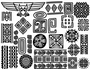 Wall Mural - set of hand drawn tribal objects. Abstract geometric ethnic ornament brushes. Monochrome isolated on white background.