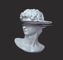 3d rendering concept illustration of glitch deformed classical head sculpture on dark background.
