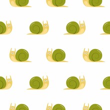 Cute Happy Cartoon Green Snails Seamless Kids Pattern
