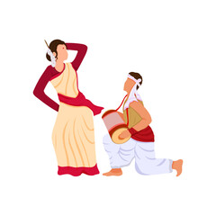 Poster - Assamese Man Playing Dhol And Woman Dancing On White Background.