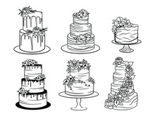 Set Of Wedding Cake. Collection Of Stylized Multi-tiered Cakes With Fruit And Butter Cream. Sweet Pastries With Flowers. Vector Illustration Isolated On White Background.