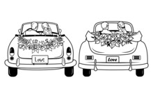 Set Of Wedding Car. Collection Of Newlyweds On Their Honeymoon. Floral Vintage Car. Vector Illustration Isolated On White Background.