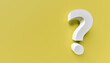 White question mark on yellow background. 3d rendering. Copy space on the left