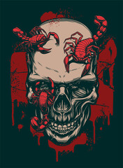 Human skull with red scorpions on the abstract background. Digital ink vector drawing. 