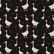 Seamless Pattern with cute grey gooses. Illustration with farm animal on black background. Fabric, kid’s wallpapers. 