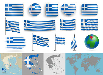 Wall Mural - greece flags of various shapes and country map set. realistic greek flags, glossy buttons in patriot