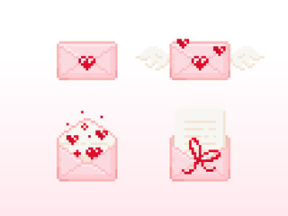 Poster - Valentine day love letters illustration set. Vector isolated elements. 14 February icons of open, closed, winged and sealed envelopes. Pixel art 8 bit design. Vector romantic geek collection.