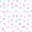 Watercolor seamless pattern polka dot pastel color. Hand drawn illustration isolated on white background. Perfect for wrapping paper, wallpaper, fabric or nursery textile