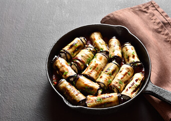 Wall Mural - Eggplant (aubergine) rolls with cheese and greens