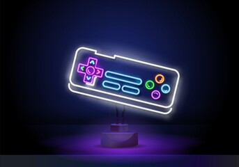 Wall Mural - Game stick neon sign, bright signboard, light banner. VR Games neon icon for decoration in gaming club. Game logo, emblem. Vector illustration